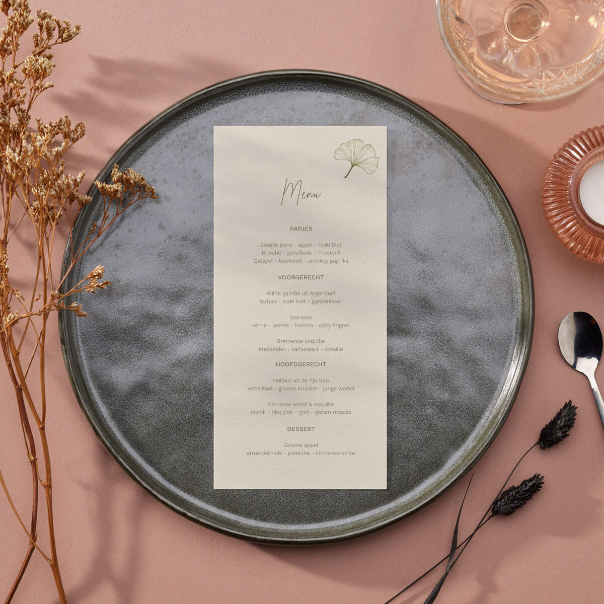 ginkgo menukaart voor een botanisch huwelijk feest