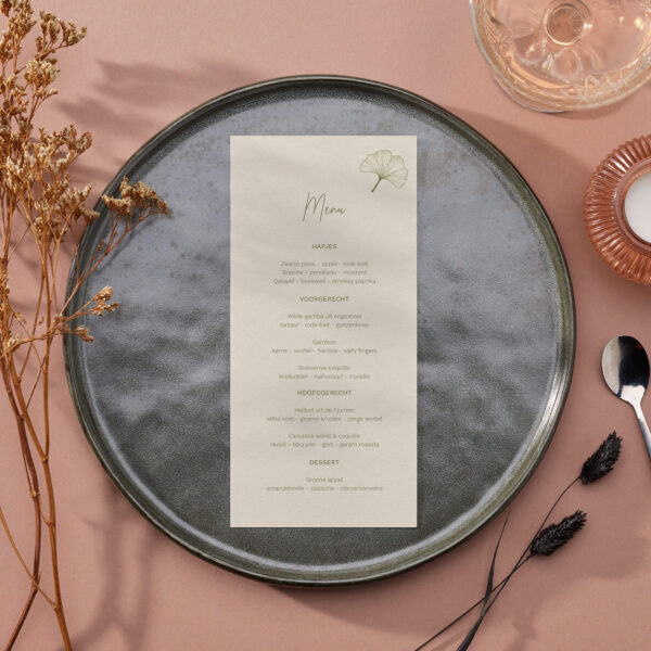 ginkgo menukaart voor een botanisch huwelijk feest