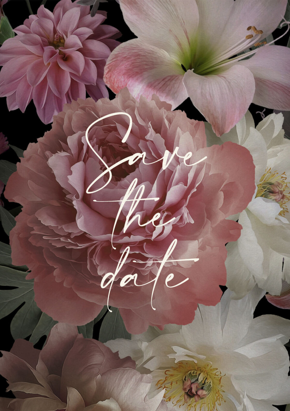 save the date botanical weelderig boeket roze