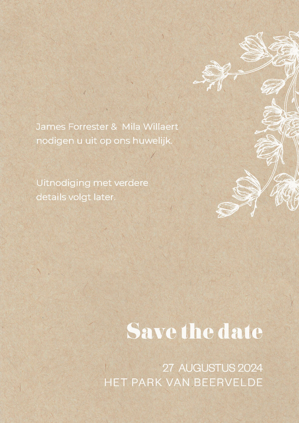 save the date botanical met magnolia tak in witte inkt op stro vezel papier