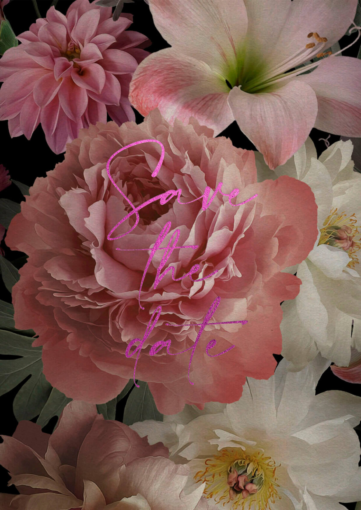 save the date botanical weelderig boeket roze roze folie glanzend