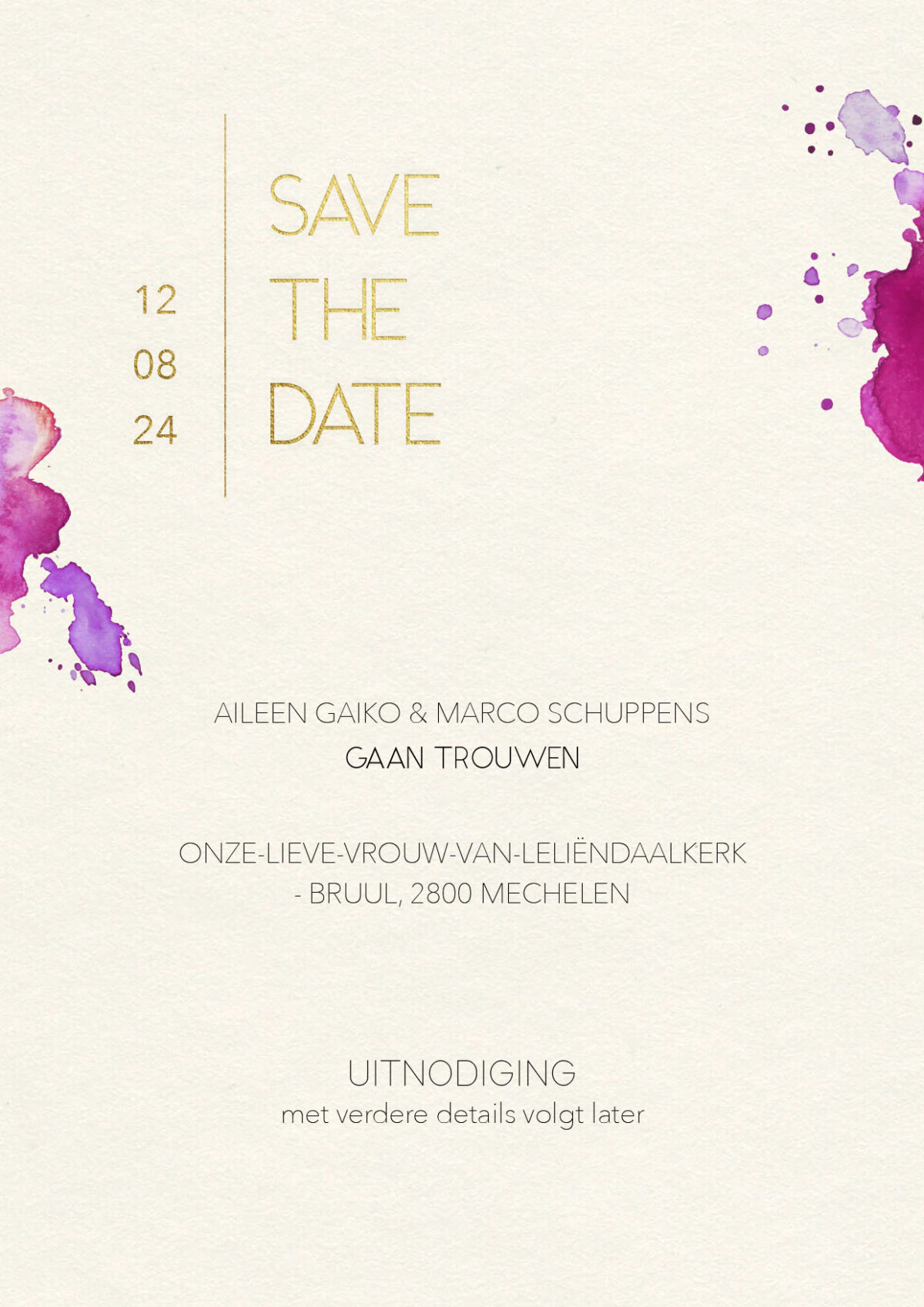 save the date waterverf roze pink lila glanzend goudfolie