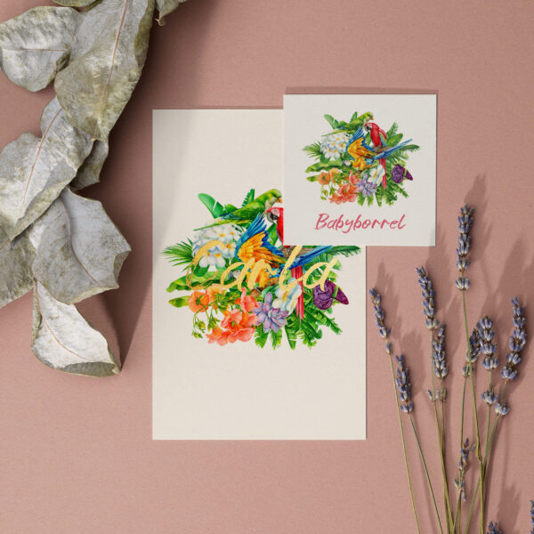 Babyborrelkaart Kleurrijke Tropische Bloemen Ara's