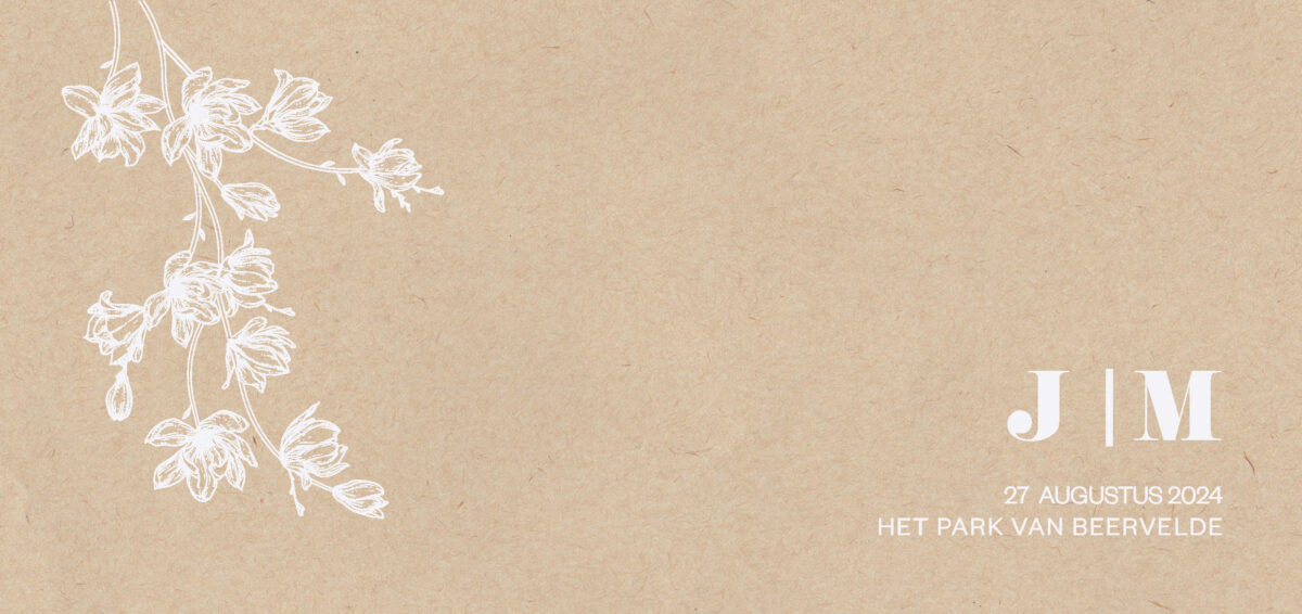 botanische trouwkaart met illustratie van een magnolia tak op eco strovezel papier met witte inkt