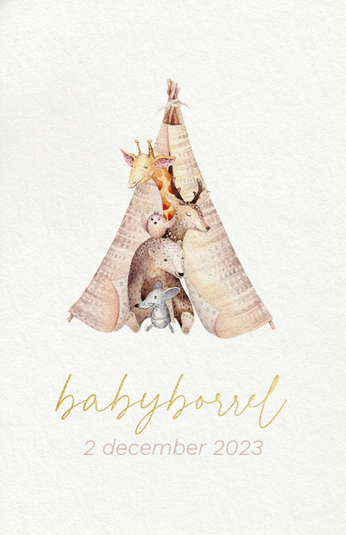 voorzijde babyborrelkaartje little tipi met geschilderde dieren in een tipi en tekst in goudfolie