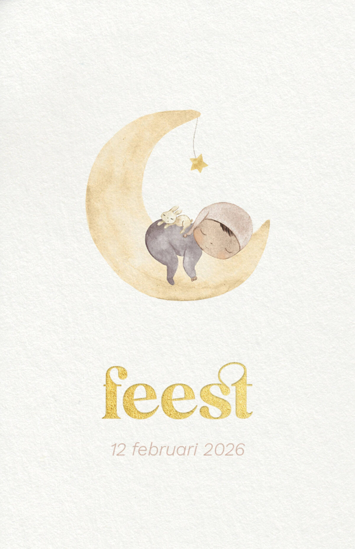 voorzijde babyborrelkaartje goodnight moon met slapend kindje op de maan en tekst in goudfolie