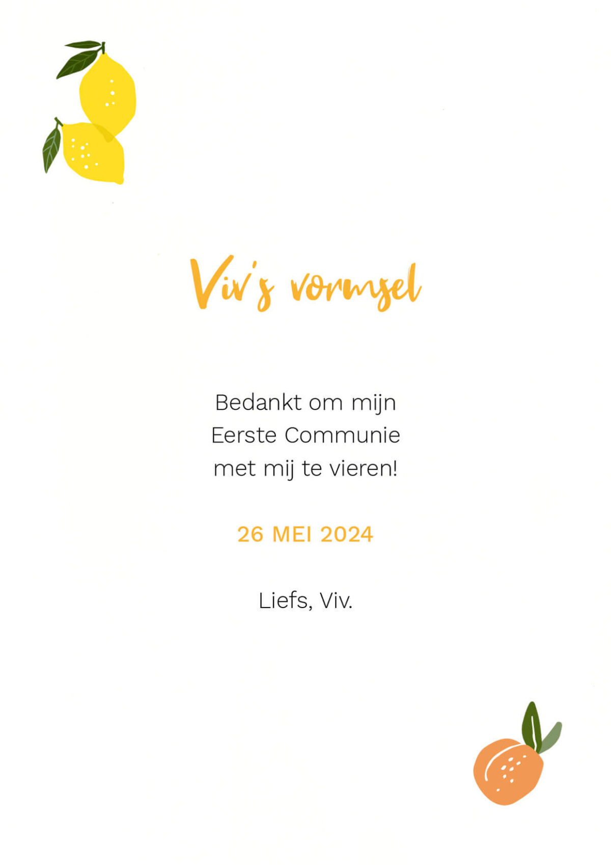 Bedankkaartje Communie Lentefeest Meisje Lemons & Limes