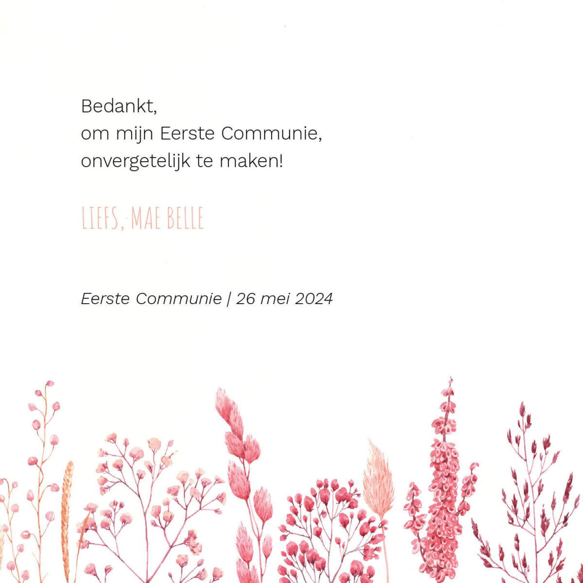 Bedankkaartje Communie Lentefeest Meisje Foto Roze Droogbloemen