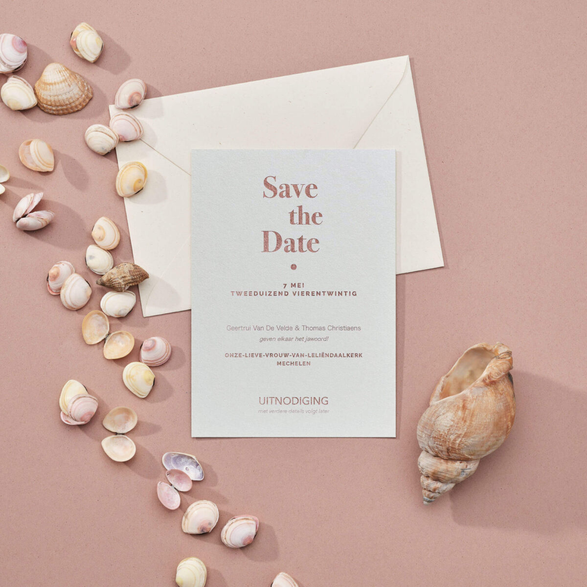 save the date Minimalistisch roségoudfolie glanzend katoen papier