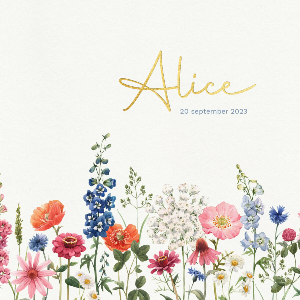 voorzijde geboortekaartje field of blue met kleurrijke veldbloemen en naam in goudfolie