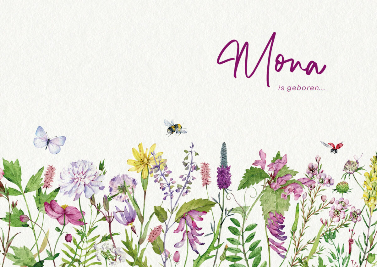voorzijde geboortekaartje field of lilac met geschilderde veldbloemen en naam in paars