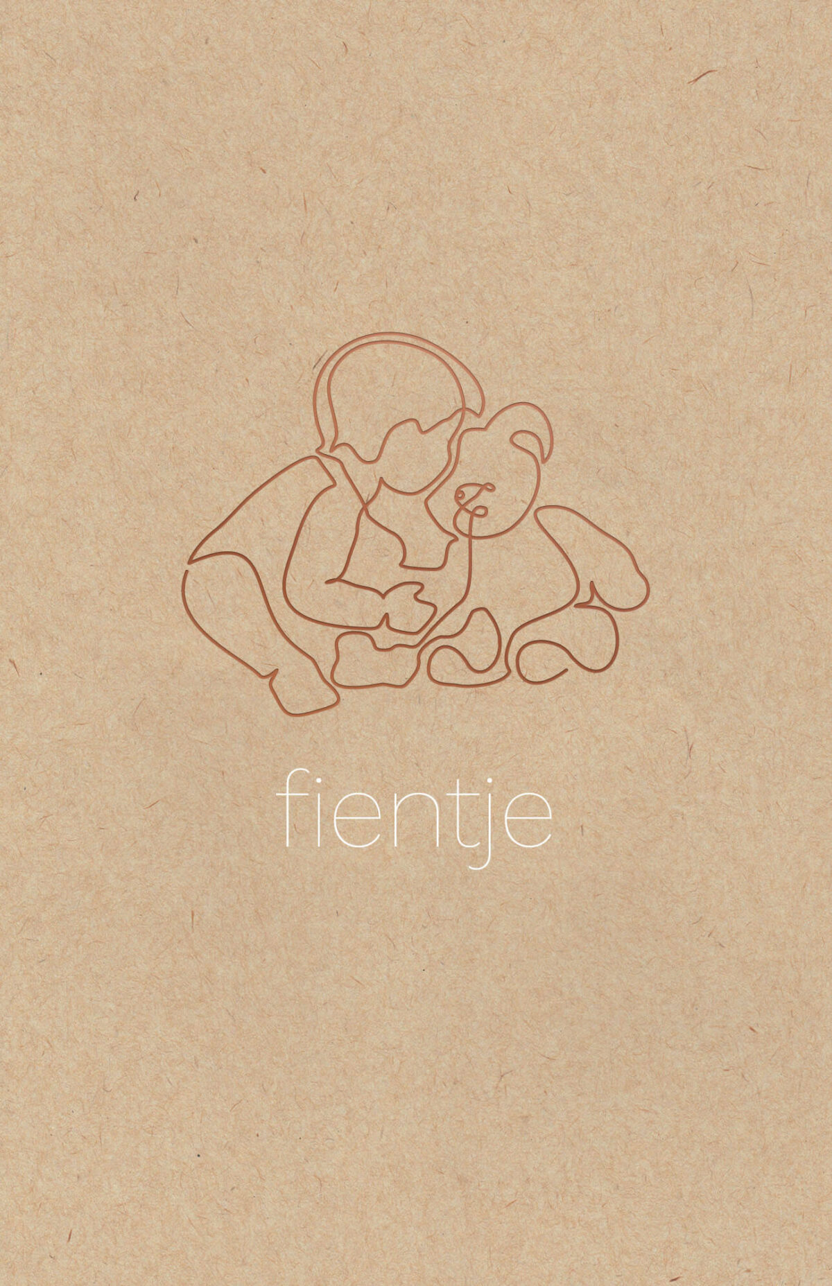 minimalistisch geboortekaart strovezel lijntekening kind en beer afgewerkt met koperfolie