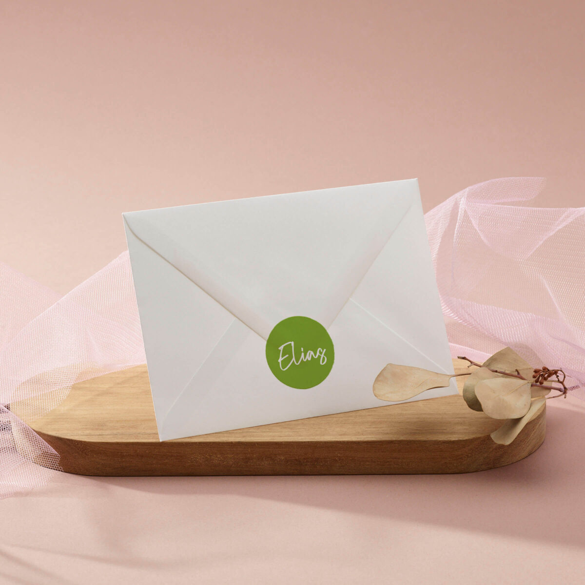 ronde sticker dino fun met felgroene achtergrond en naam in wit op envelop