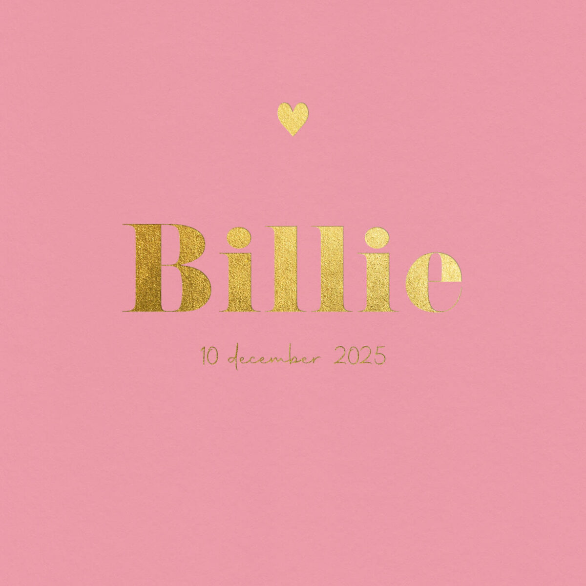 voorzijde geboortekaartje shades of pink met kleurrijke achtergrond en naam met hartje in goudfolie