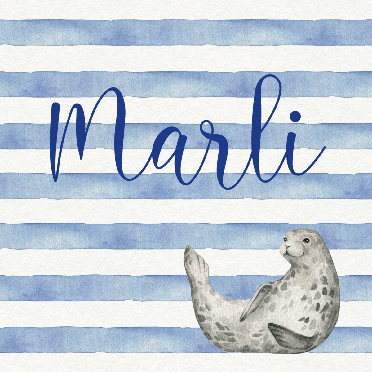 voorzijde geboortekaartje happy seal met aquarel geschilderde strepen en zeehond en de naam in marine blauw