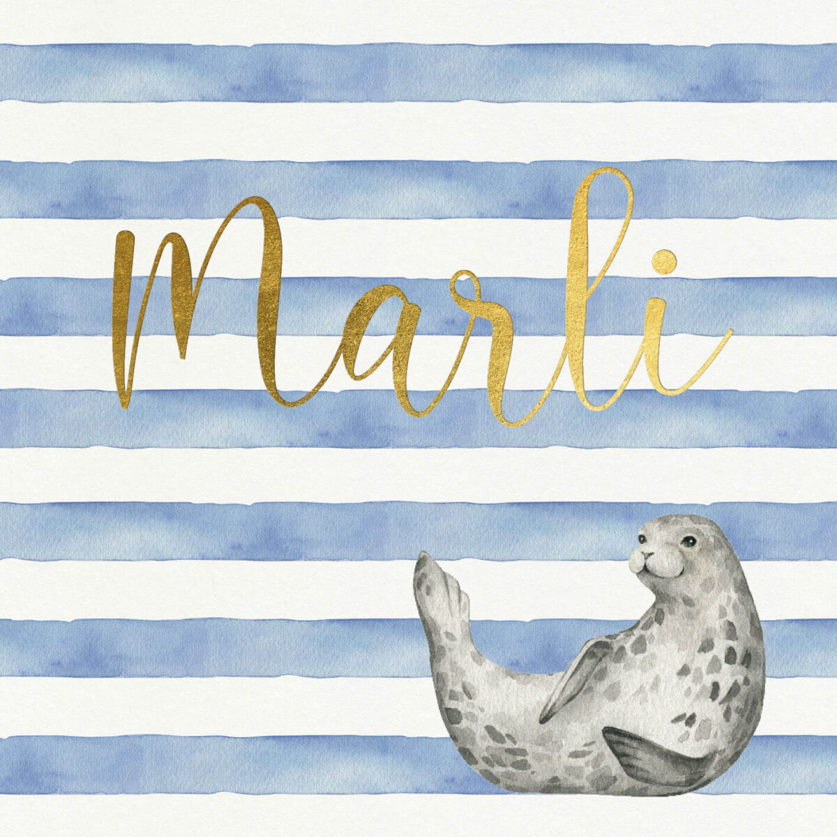 voorzijde geboortekaartje happy seal met aquarel geschilderde strepen en zeehond en de naam in goudfolie