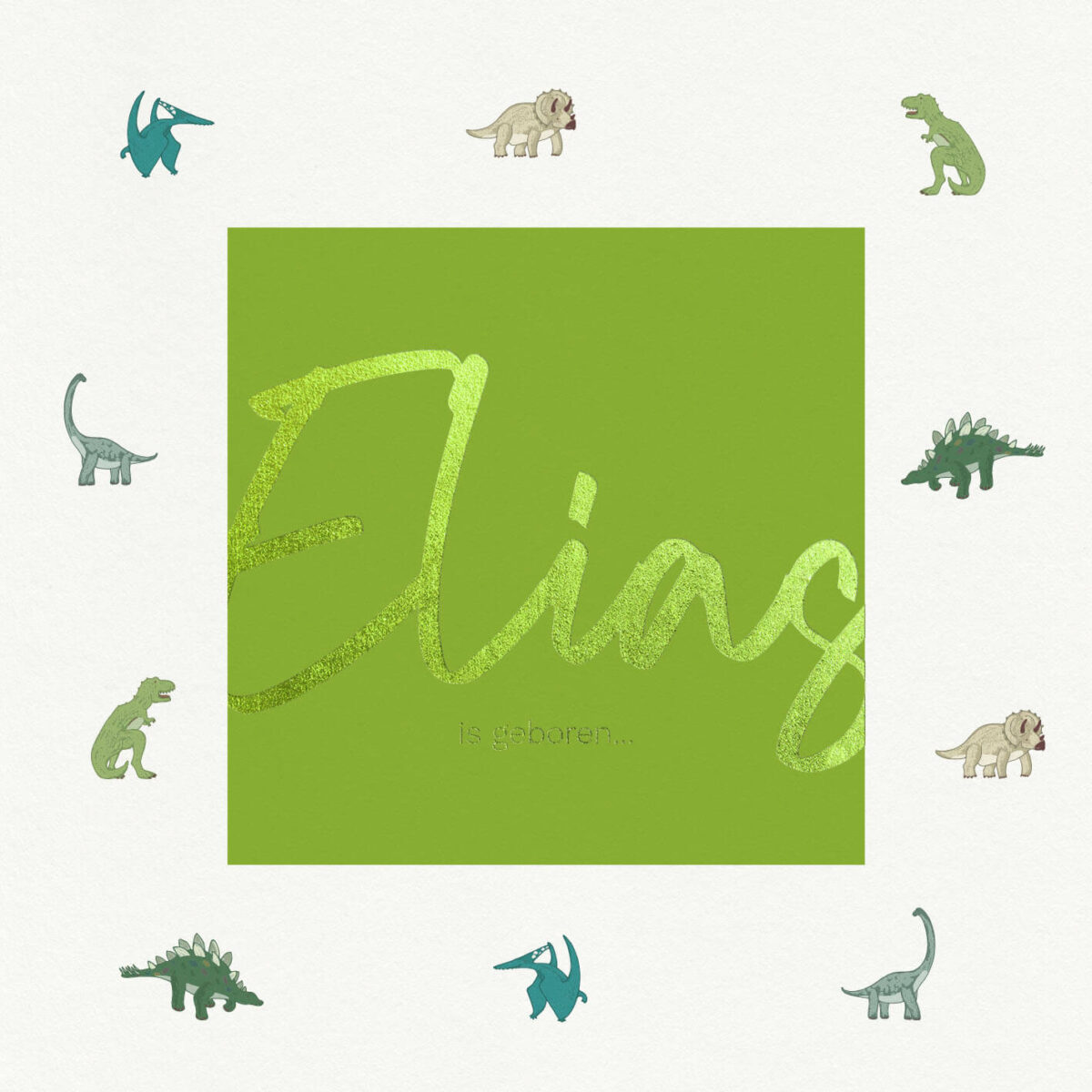 voorzijde geboortekaartje dino fun met kleine dino's en naam in groene folie