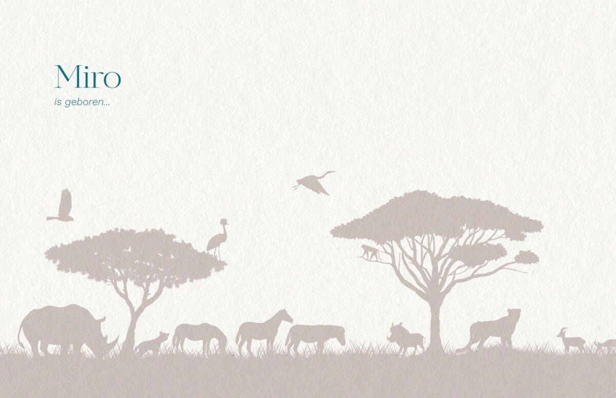 voorzijde geboortekaartje savannah safari met exotisch uitzicht in grijze letterpress en de naam in petrol blauw