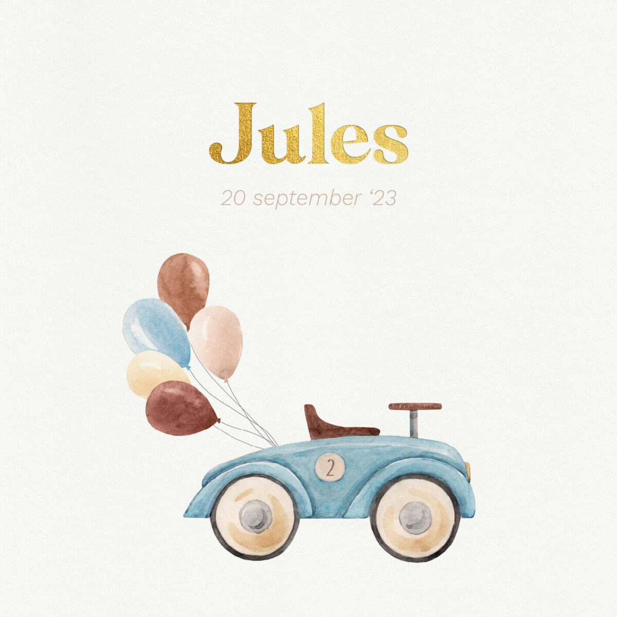 voorzijde geboortekaartje vroom vroom met vintage auto en ballonnen en naam in goudfolie