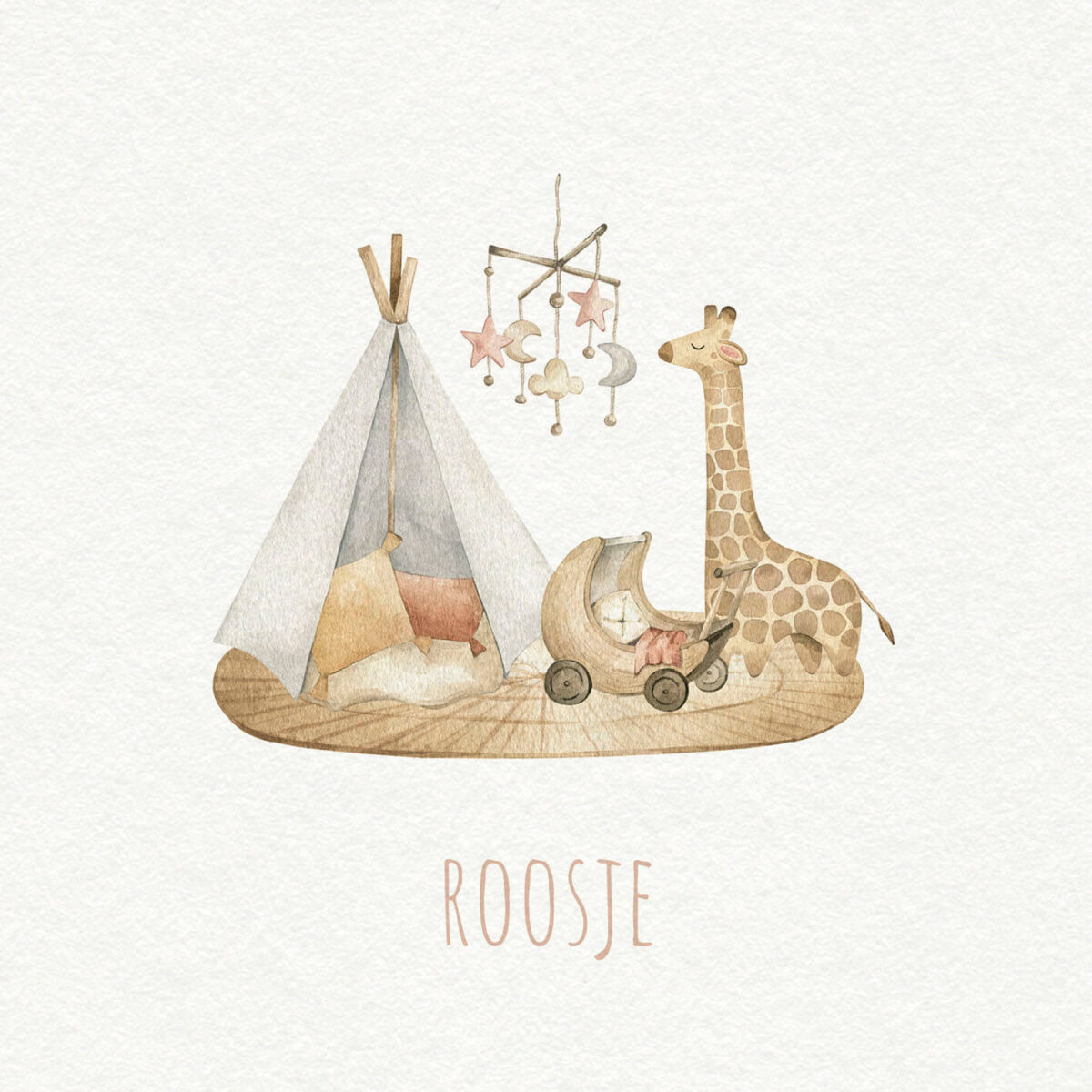 voorzijde geboortekaartje little giraffe met vintage illustratie van babykamer met giraf knuffel
