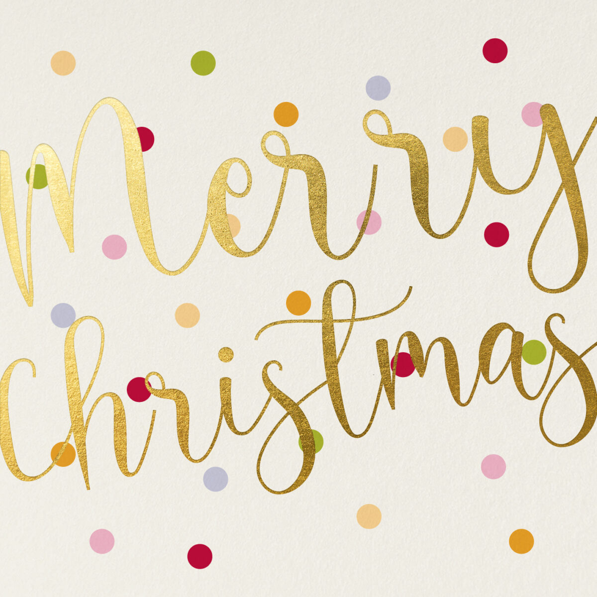 Kerstkaart met kleurrijke stippen & Merry Christmas in Glanzende goudfolie