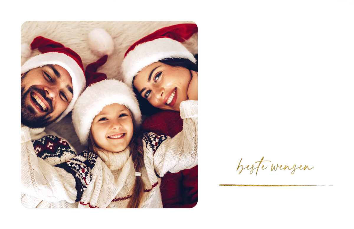 Liggende Kerstkaart met foto & houtskool streep Familie Gezin Kerst goudfolie glanzend