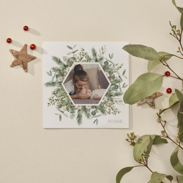 vierkante kerstkaart green wreath foto gezin familie kinderen