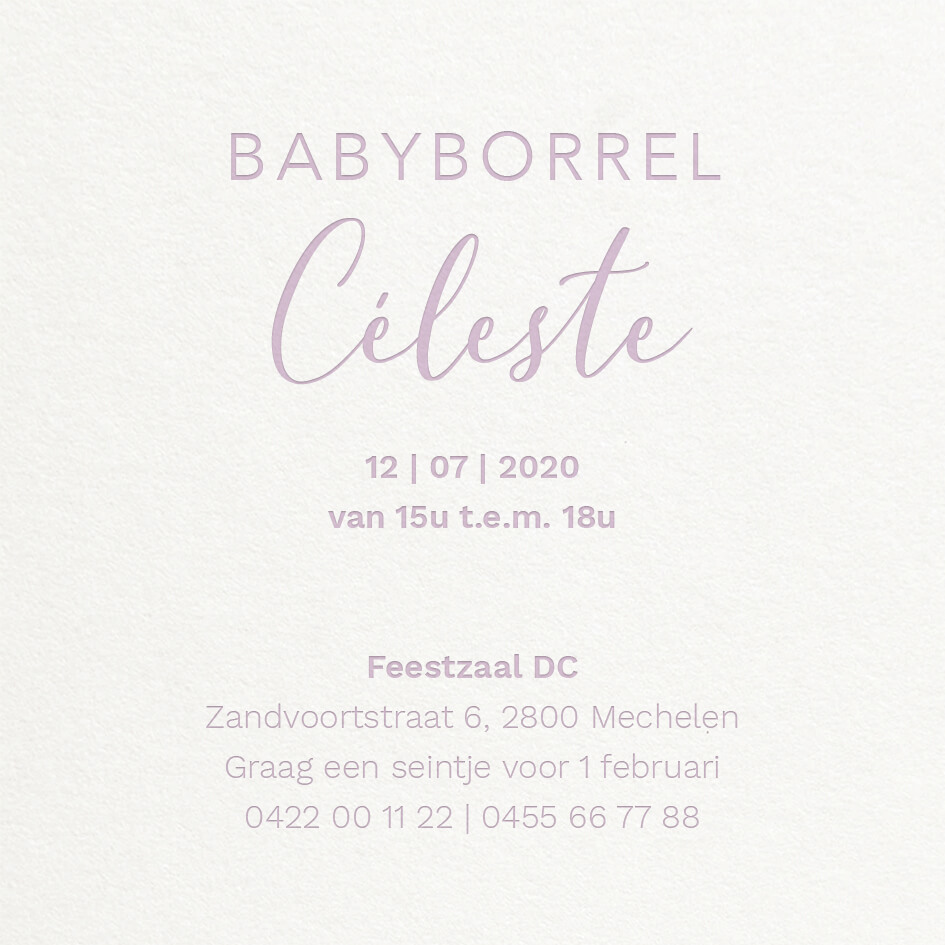 Babyborrelkaart Minimalistisch Simpel Eenvoud Katoenpapier Letterpress Zacht Lila Paars