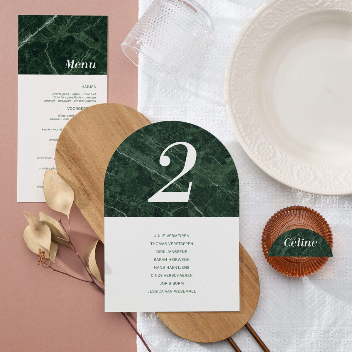 Huwelijk tafelkaarten groene marmer